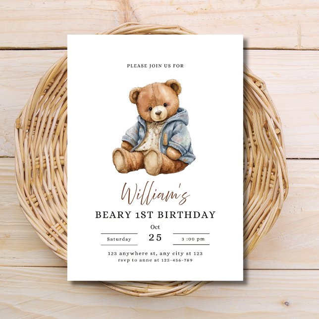 Teddy Bear Boy Birthday Party Beary 1st Birthday Invitation (Creator Uploaded)