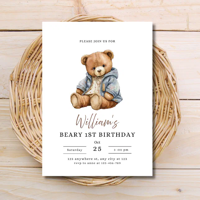 Teddy Bear Boy Birthday Party Beary 1st Birthday Invitation | Zazzle