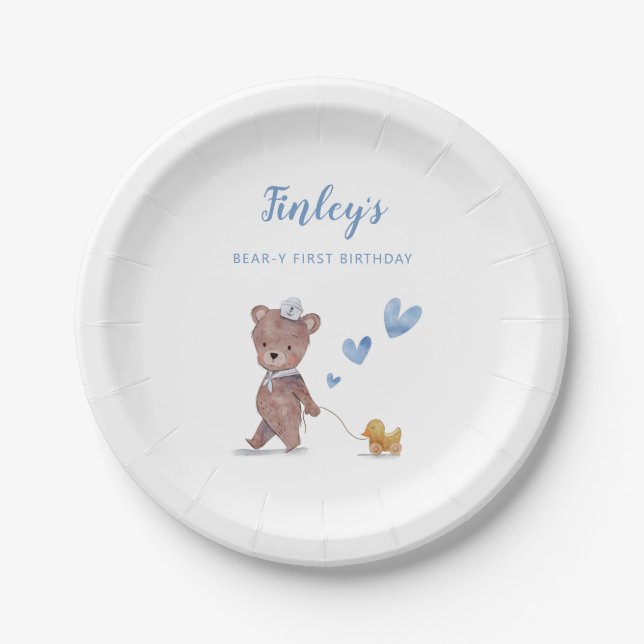 Teddy Bear Boy Birthday Party Paper Plates (Front)