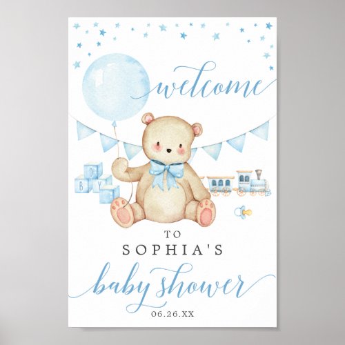 Teddy Bear Boy Blue Baby Shower Welcome Sign