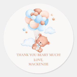 Teddy Bear Boy Blue Bearly Wait Baby Shower Classic Round Sticker