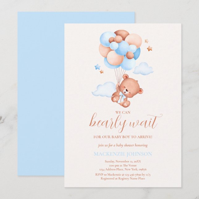 Teddy Bear Boy Blue Bearly Wait Baby Shower Invitation (Front/Back)