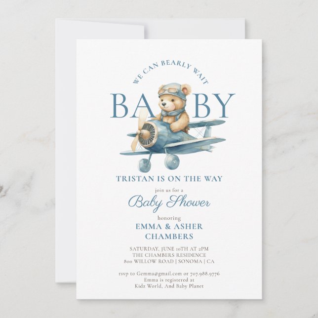 Teddy Bear Boy Blue Bearly Wait Baby Shower Invitation (Front)