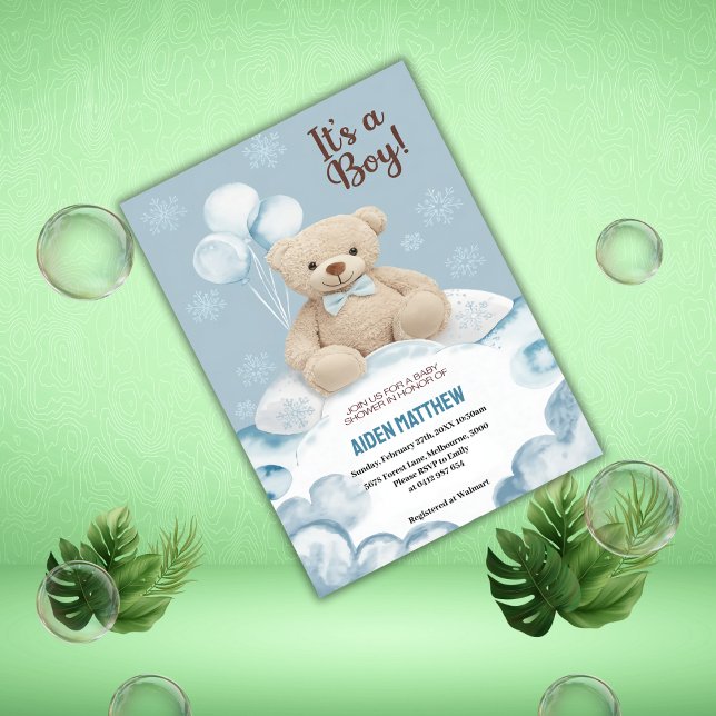 Teddy Bear Boy Blue Bearly Wait Baby Shower Invitation (Creator Uploaded)