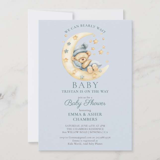 Teddy Bear Boy Blue Bearly Wait Baby Shower Invitation (Front)