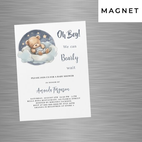 Teddy bear boy blue moon sky luxury baby shower magnetic invitation