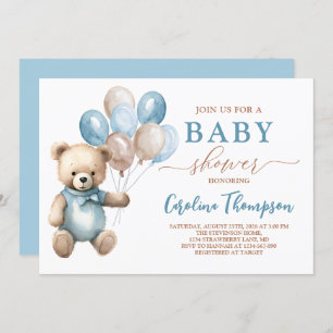 Teddy Bear Boy Blue Pastel Brown Baby Shower Invitation