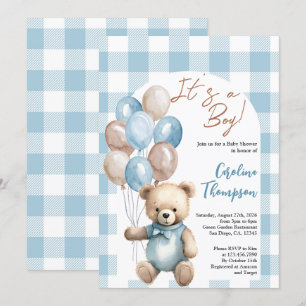 Teddy Bear Boy Blue Plaid Arch Baby Shower Invitation