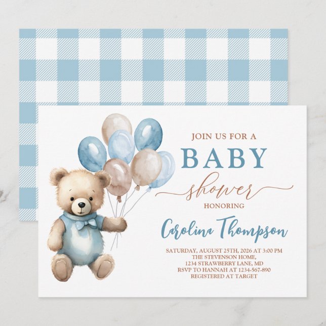 Teddy Bear Boy Blue Plaid Pastel Baby Shower Invitation (Front/Back)