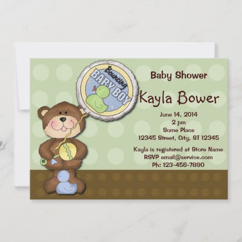 Teddy Bear Boy Brown Green Baby Shower Custom Invitation
