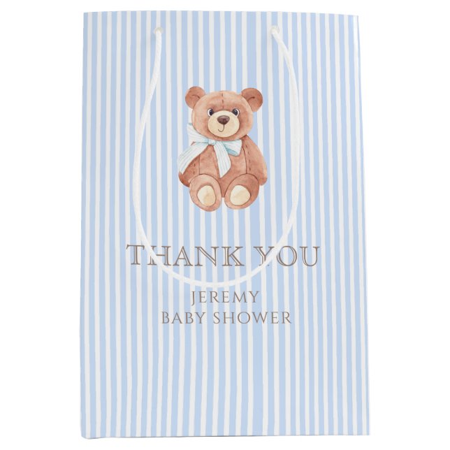 Teddy Bear Boy Classic Blue Stripe Baby Shower  Medium Gift Bag (Front)