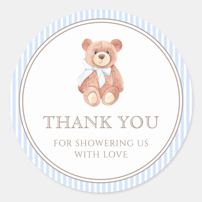 Teddy Bear Boy Classic Thank You Baby Shower  Classic Round Sticker (Front)