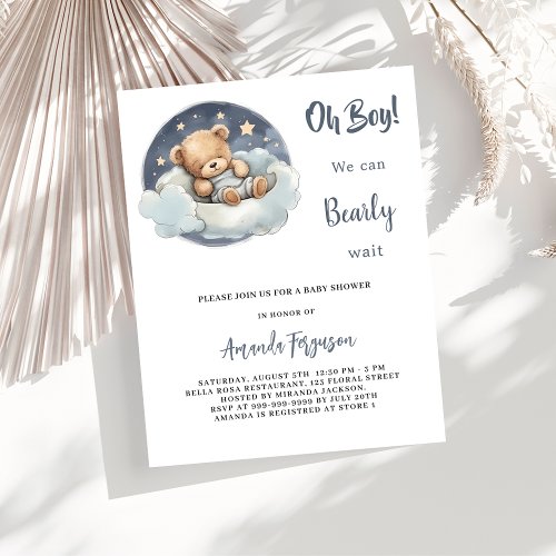 Teddy bear boy cloud budget baby shower invitation