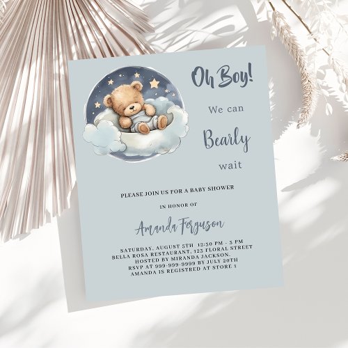 Teddy bear boy cloud budget baby shower invitation