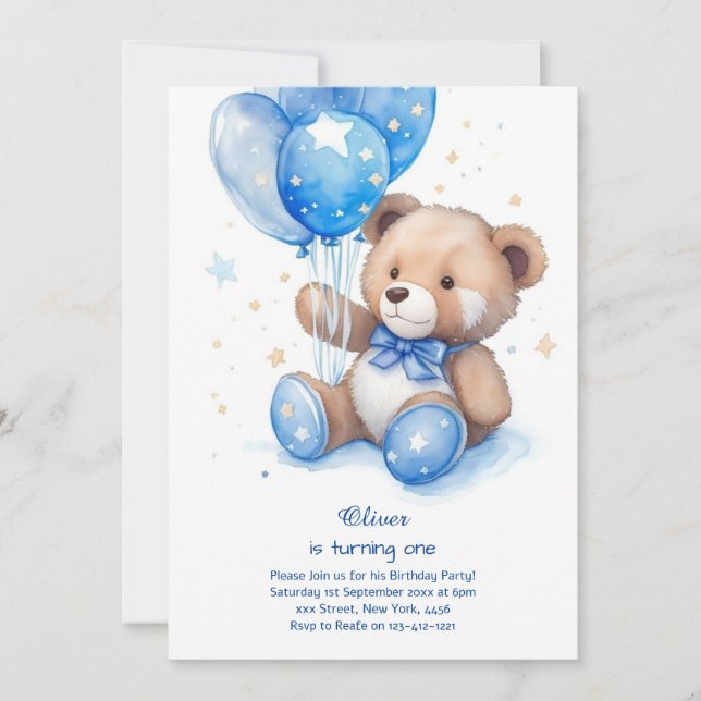 Teddy Bear Boy First Birthday Invitation (Front)