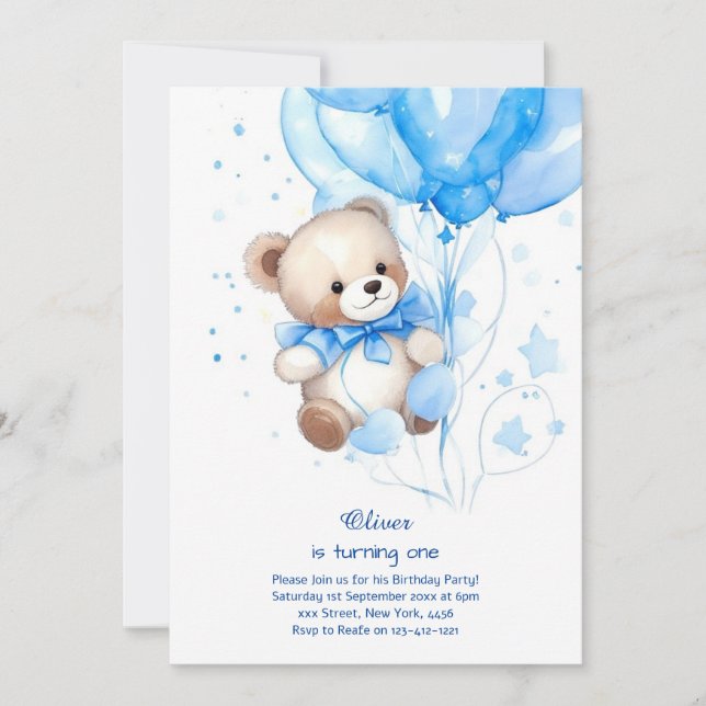 Teddy Bear Boy First Birthday Invitation (Front)