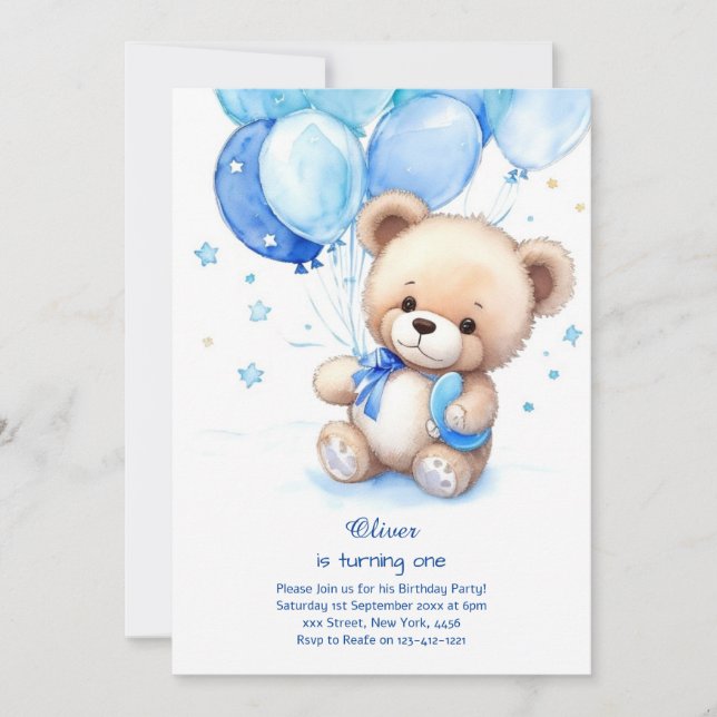 Teddy Bear Boy First Birthday Invitation (Front)