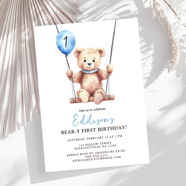 Teddy Bear Boy First Birthday Invitation (Creator Uploaded)