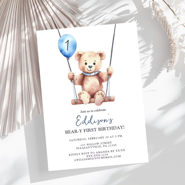 Teddy Bear Boy First Birthday Invitation (Creator Uploaded)