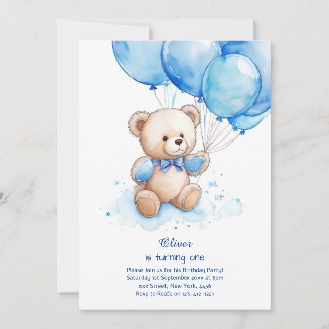 Teddy Bear Boy First Birthday Invitation (Front)