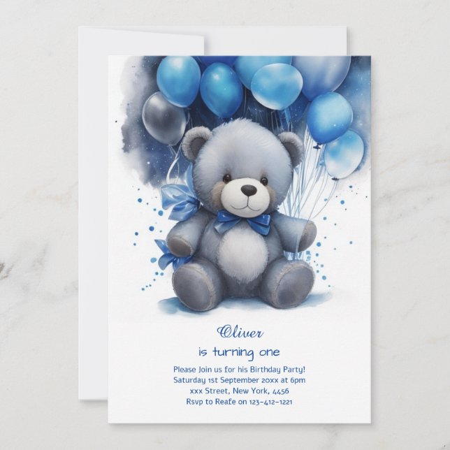 Teddy Bear Boy First Birthday Invitation (Front)