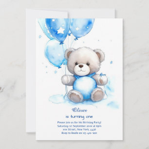 Teddy Bear Boy First Birthday Invitation