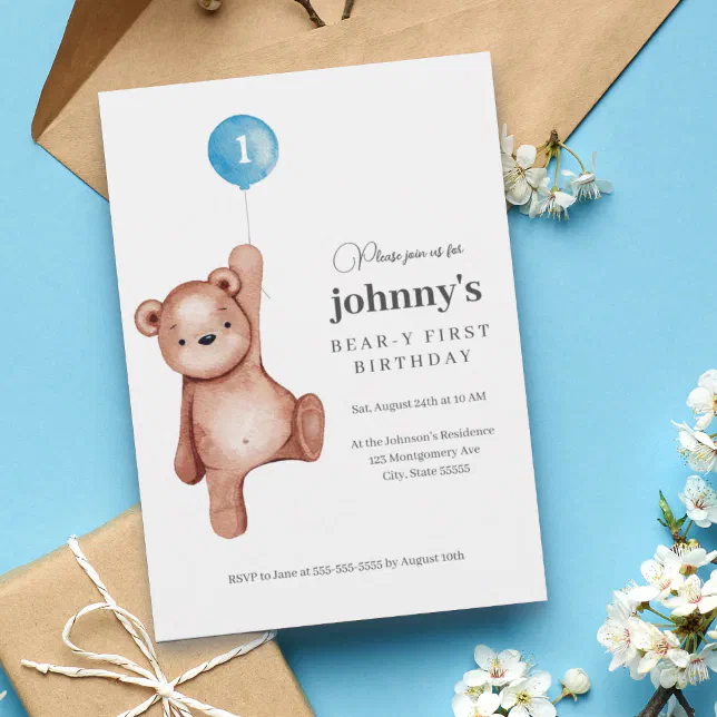Teddy Bear Boy First Birthday Party Invitation | Zazzle
