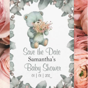 Teddy Bear Boy Green Baby Shower Invitation