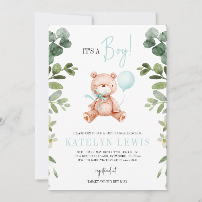 Teddy Bear Boy Greenery Baby Shower Invitation (Front)