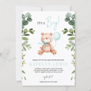 Teddy Bear Boy Greenery Baby Shower Invitation
