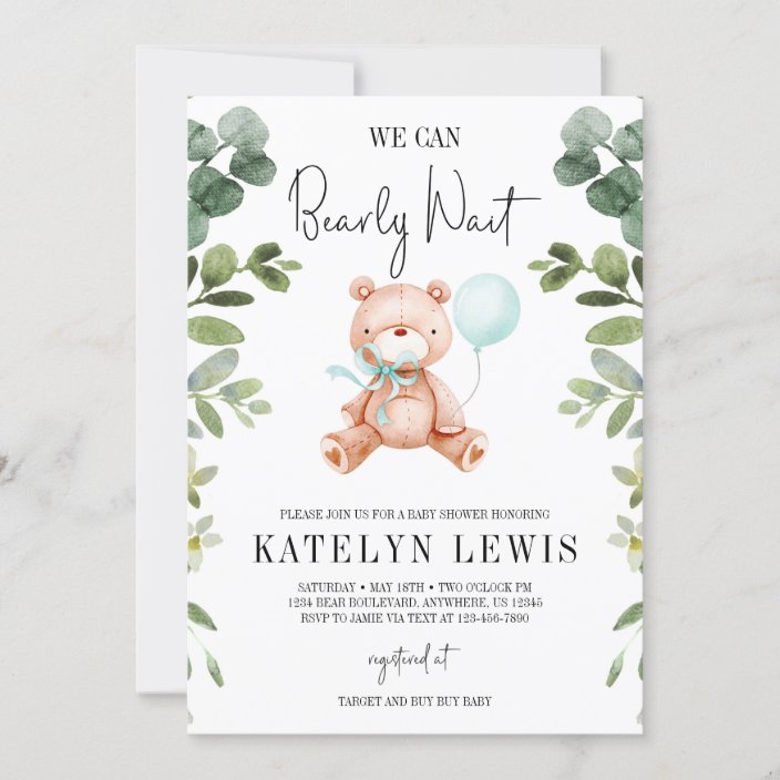 Teddy Bear Boy Greenery Baby Shower Invitation