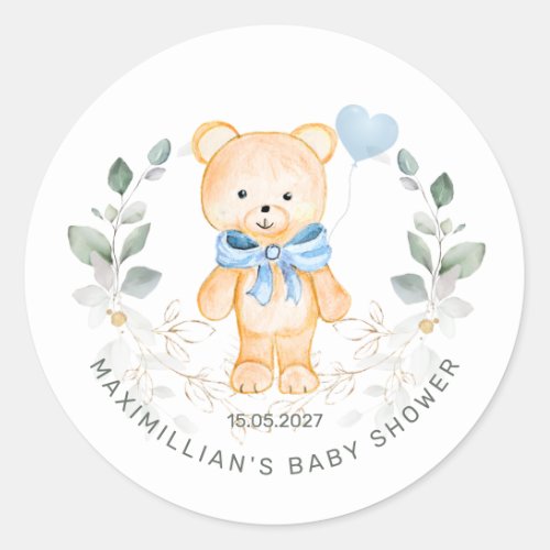 Teddy Bear Boy Greenery Foliage Baby Shower   Classic Round Sticker