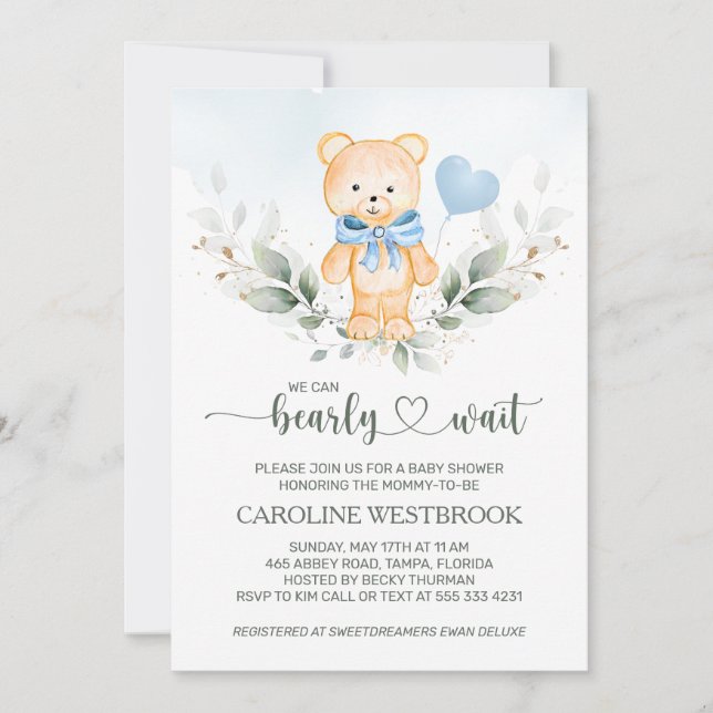 Teddy Bear Boy, Greenery Foliage  Baby Shower Invitation (Front)