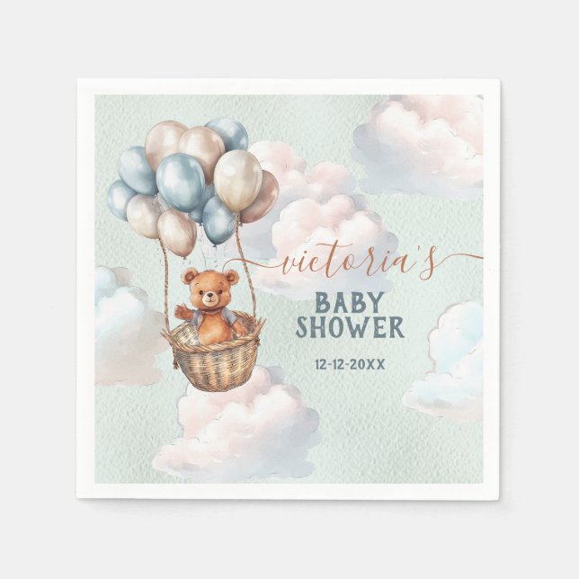 Teddy Bear Boy Hot Air Balloon Baby Shower Napkins (Front)