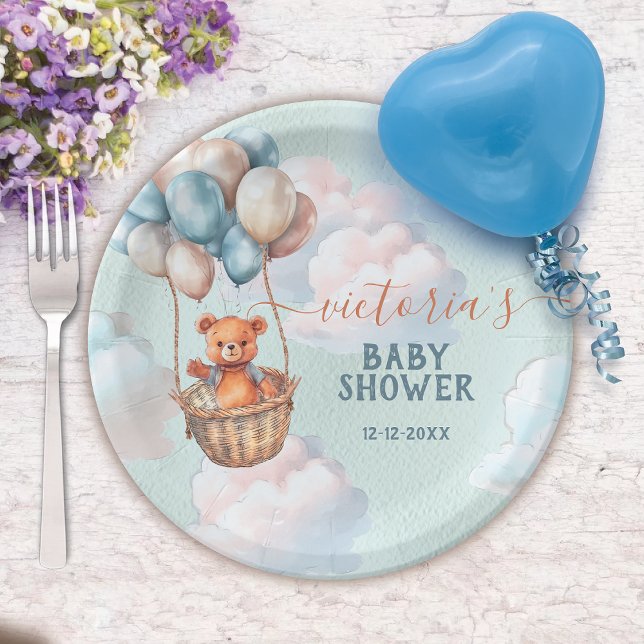 Teddy Bear Boy Hot Air Balloon Baby Shower Paper Plates (Matching invitations available!)