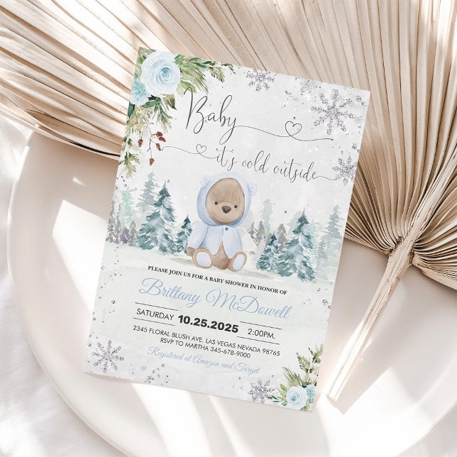 Teddy Bear Boy It's Cold Outside Baby Shower Invitation (Creator Uploaded)