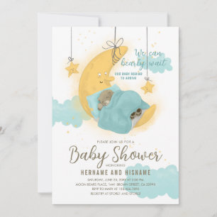 Teddy Bear Boy Moon Stars Blue Baby Shower Invitation