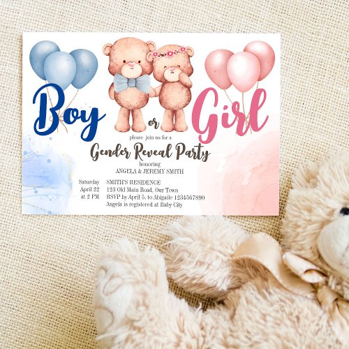 Teddy bear boy or girl gender reveal baby shower invitation