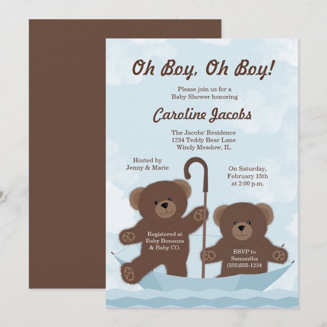 Teddy Bear Boy Twins Baby Shower Invitation (Front/Back)