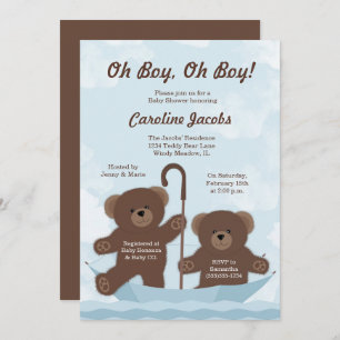 Teddy Bear Boy Twins Baby Shower Invitation