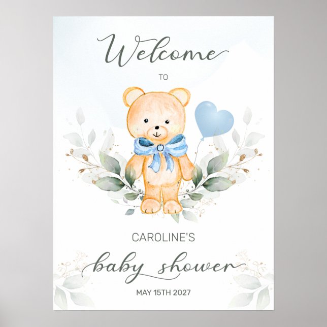 Teddy Bear Boy Welcome Baby Shower Poster (Front)