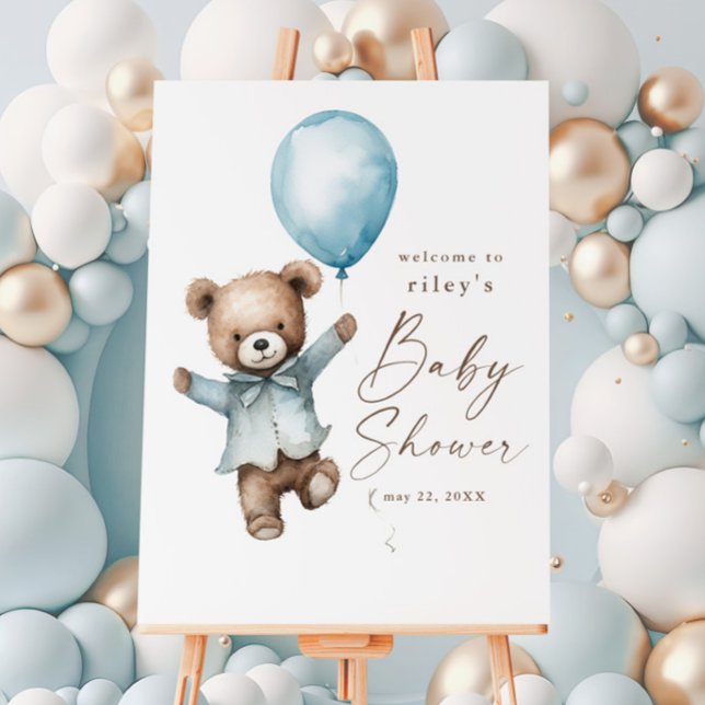 Teddy Bear Boys Baby Shower Welcome Sign (Cute Elegant Teddy Bear Boys Baby Shower Welcome Sign.)