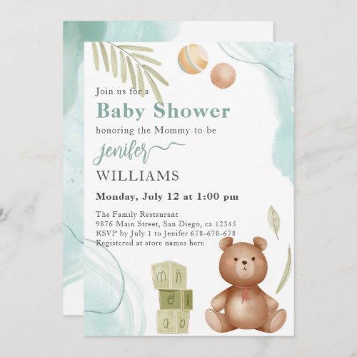 Teddy Bear Brawn and Turquoise Baby Shower Invitation