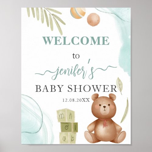 Teddy Bear Brawn and Turquoise Baby Shower Welcome Poster