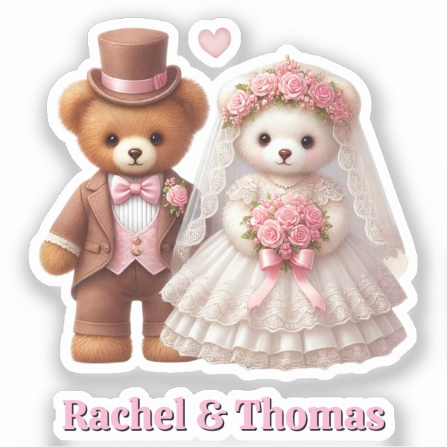 Teddy Bear Bride And Groom Pink Wedding Customize Sticker (Front)