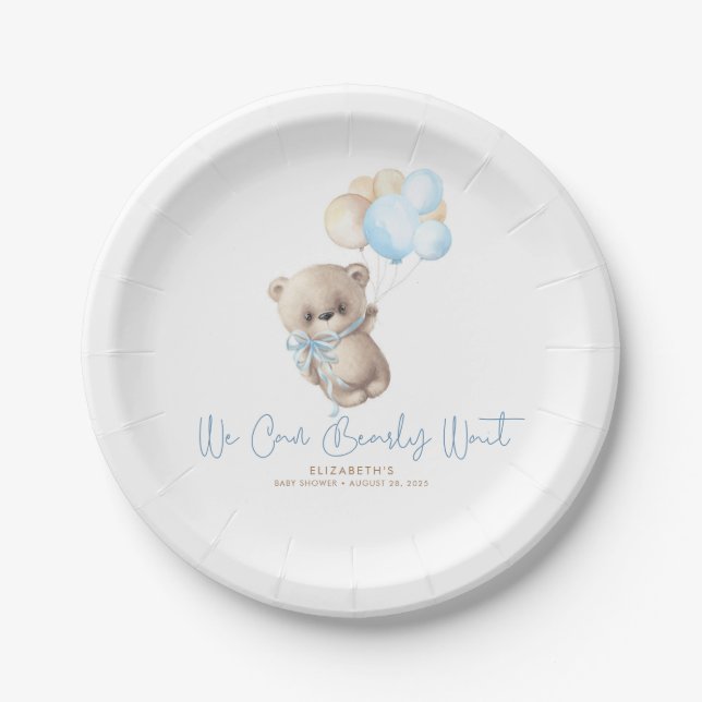 Teddy Bear Brown and Blue Baby Shower Paper Plate (Front)