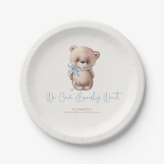 Teddy Bear Brown and Blue Baby Shower Paper Plates (Front)