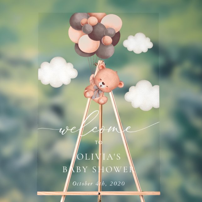Teddy Bear, Brown Balloons, Baby Shower Welcome Acrylic Sign (Neutral)