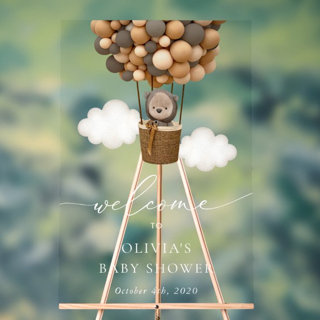 Teddy Bear, Brown Balloons, Baby Shower Welcome Acrylic Sign (Neutral)