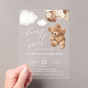 Teddy Bear, Brown Balloons, First Birthday Acrylic Invitations